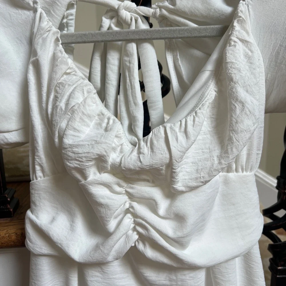 Lucy in the Sky Off White Ruffle Mini Dress w/ Back Ties | Women’s Size Large - Picture 3 of 12